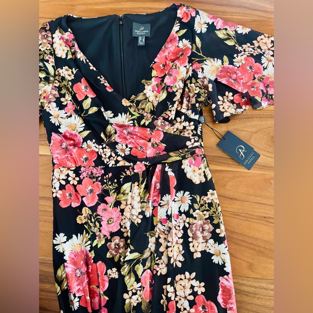 NWT Adrianna Papell Black Multi Foiled Mesh Draped Midi Dress Size 4